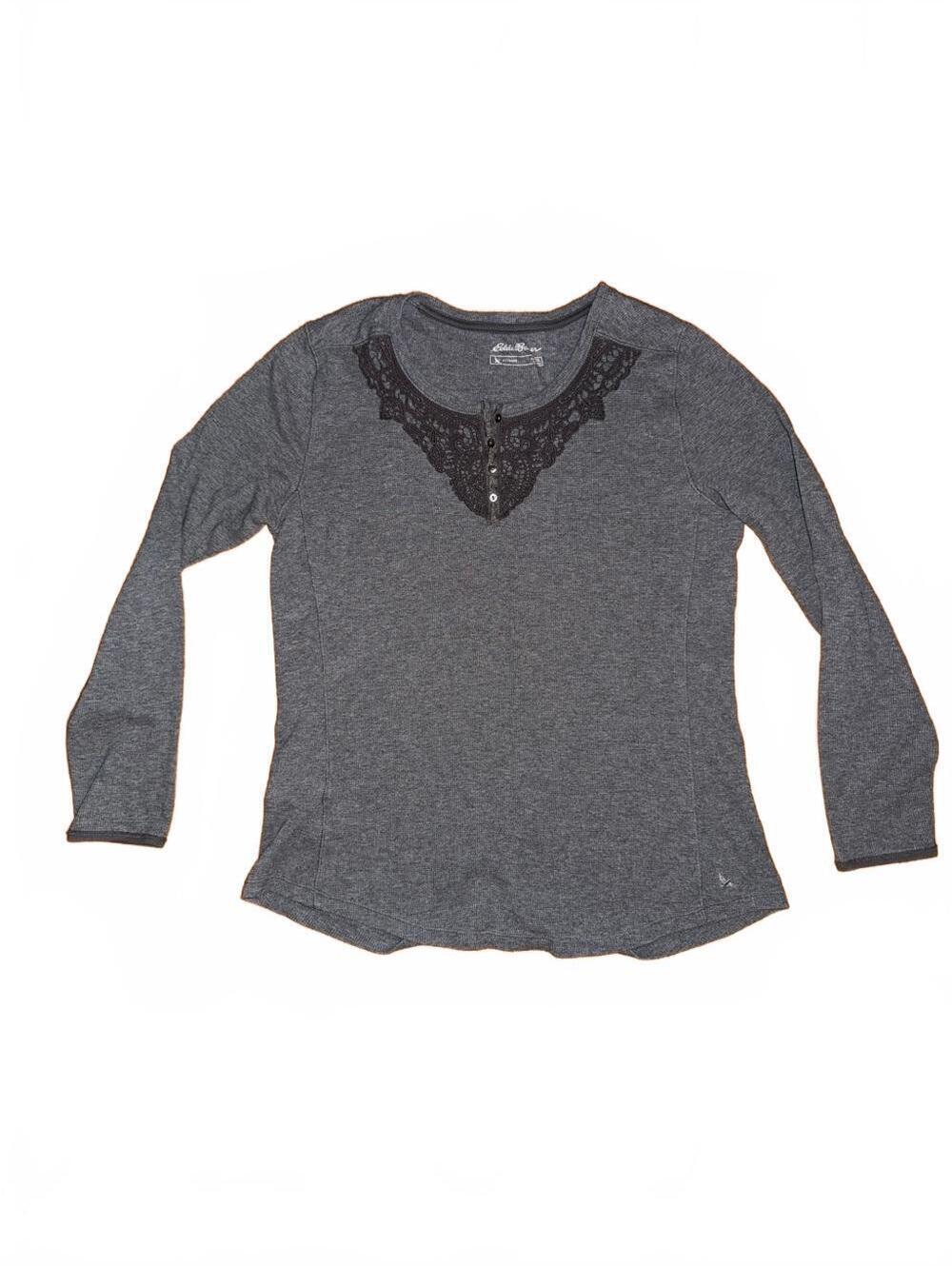 Eddie Bauer womens Gray Long-Sleeve Henley with Black Lace Yoke Sz 2XL Y2K Elena